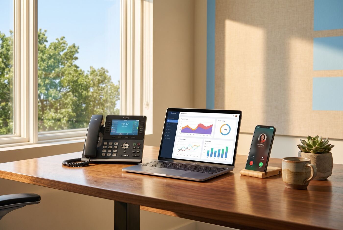 A desk phone, a laptop, and a smartphone on a sunlit office desk, the same business line answered on every device